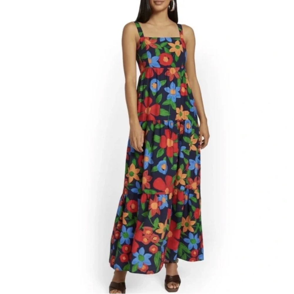 Skies Are Blue Floral Maxi Dress in Black with Red, Blue & Green Flowers